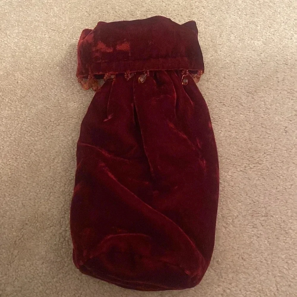 Pottery barn red velvet beaded wine bag
